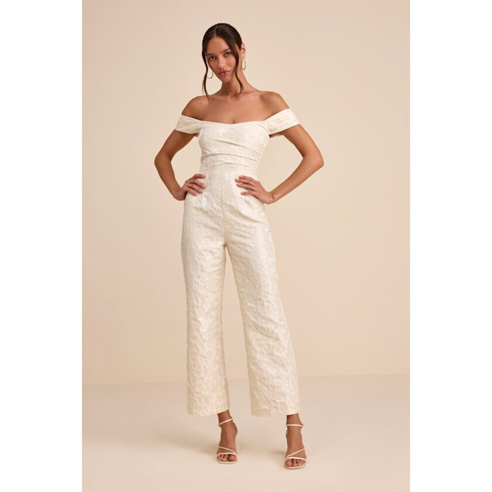 Lulus Jaz Ivory Floral Jacquard Off-the-shoulder Jumpsuit White - Size M